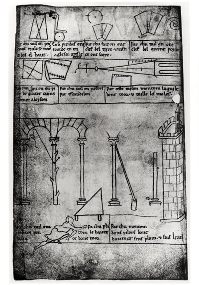 Ms.Fr.19093 fol.20v Geometriske figurer til konstruktion, buer og mand, der måler højden af et tårn (faksimilekopi) af Villard de Honnecourt