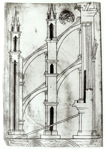 Fr 19093 f.32v Udsnit af muren og buen af de absidiale kapeller i Reims katedral (faksimilekopi) af Villard de Honnecourt