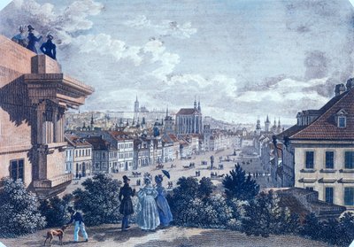Hestemarked på Wenzelspladsen, Prag, 1835 (farvet stålgravering) af Vincenc and Geissler, F. Morstadt