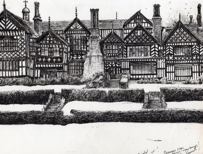 Bramall Hall Bramhall, 2004, (blæk på papir) af Vincent Alexander Booth