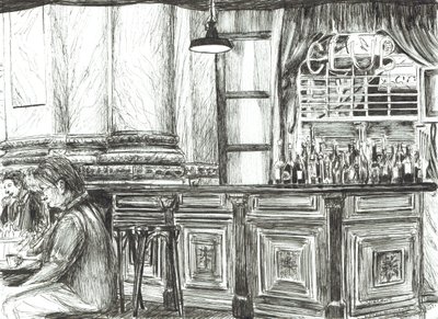 Cafe på Royal Exchange, Manchester, 2011, (blæk på papir) af Vincent Alexander Booth
