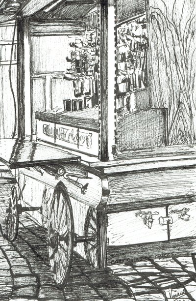 Vogn uden for Cheers Bar Boston USA, 2003, (Blæk på papir) af Vincent Alexander Booth