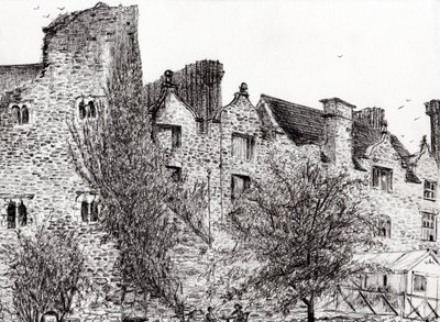 Slotsruin Hay on Wye, 2007, (blæk på papir) af Vincent Alexander Booth