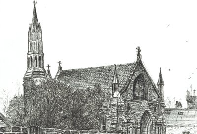 Church at Stonehaven, Skotland, 2007, (blæk på papir) af Vincent Alexander Booth