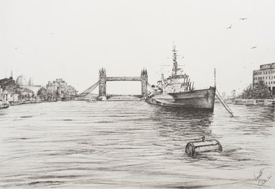 HMS Belfast ved Themsen London, 2006, (Blæk på papir) af Vincent Alexander Booth