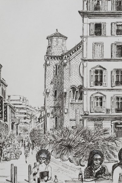 Hotel 5 og Notre Dame Cannes, 2014, (blæk på papir) af Vincent Alexander Booth
