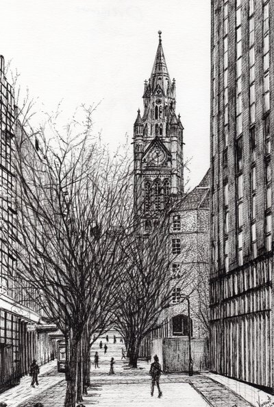 Manchester Town Hall fra Deansgate, 2007, (blæk på papir) af Vincent Alexander Booth