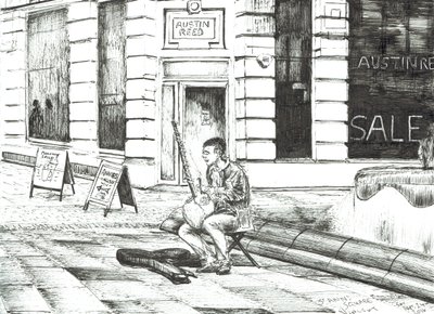 Musician St. Anns Square, 2016, (Blæk på papir) af Vincent Alexander Booth