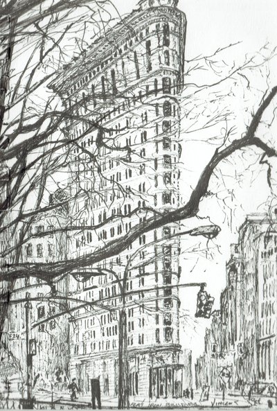New York Flat Iron Building, 2003, (blæk på papir) af Vincent Alexander Booth