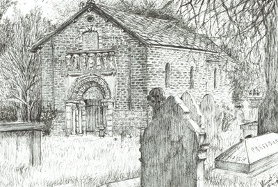 Old Church, Prestbury, 2009, (blæk på papir) af Vincent Alexander Booth