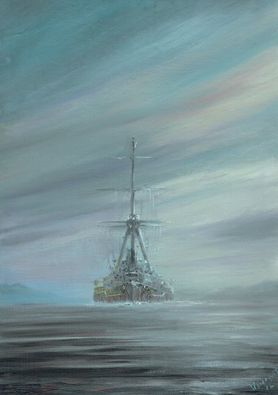 SMS Derfflinger Scapa Flow 1919, 2016, (olieblæk på lærred) af Vincent Alexander Booth