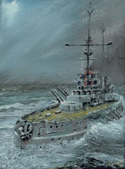 SMS Friedrich der Grosse i Jylland 1916, 2016, (olie på lærredstavle) af Vincent Alexander Booth