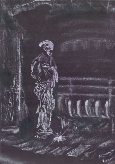 Statue ved pejs i levende lys af Vincent Alexander Booth