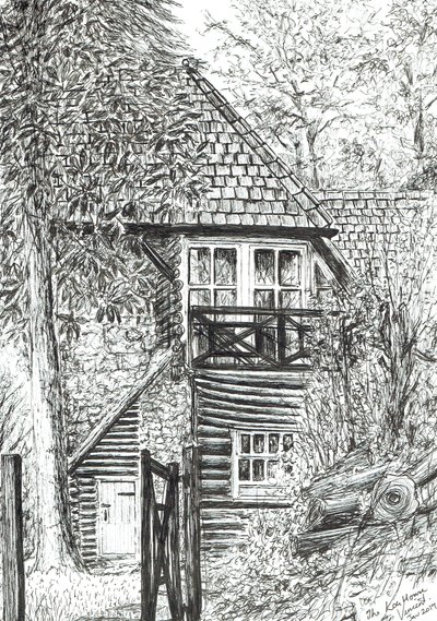The Log House, 2019, (blæk på papir) af Vincent Alexander Booth