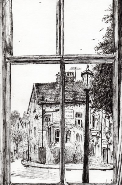 Udsigt fra Old Hall Hotel Buxton, 2009, (blæk på papir) af Vincent Alexander Booth