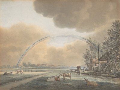 Landskab med en regnbue over et bondehus og en fjern landsby, n.d.. af Vincent Jansz. van der Vinne