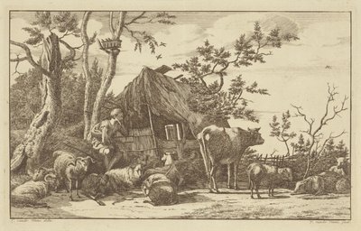 Siddende hyrde med kvæg foran en nedlagt lade af Vincent Jansz. van der Vinne