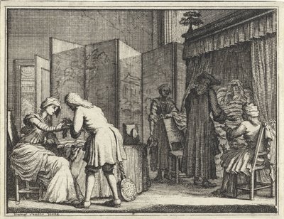 Figurer omkring en syge seng og en læge, der forbinder en kvinde af Vincent Laurensz. van der Vinne (II)