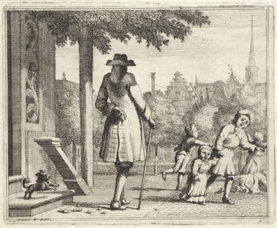 Hund gøer ad en mand i en gade af Vincent Laurensz. van der Vinne (II)
