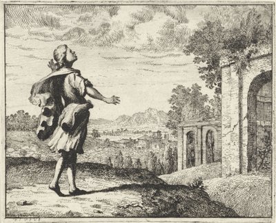 Mand i et landskab ser op mod himlen af Vincent Laurensz. van der Vinne (II)