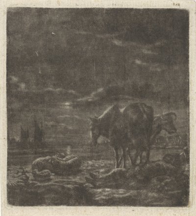 Natlandskab med sovende hyrde og kvæg af Vincent Laurensz. van der Vinne (II)