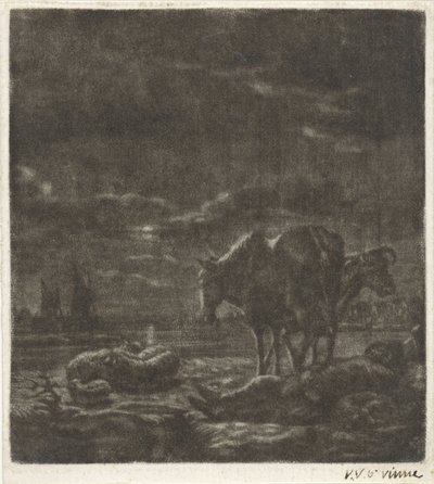 Natlandskab med sovende hyrde og kvæg af Vincent Laurensz. van der Vinne (II)