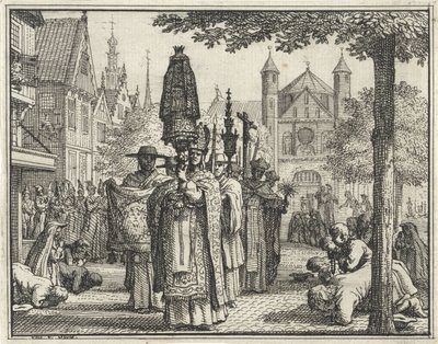 Procession med en statue gennem en gade af Vincent Laurensz. van der Vinne (II)