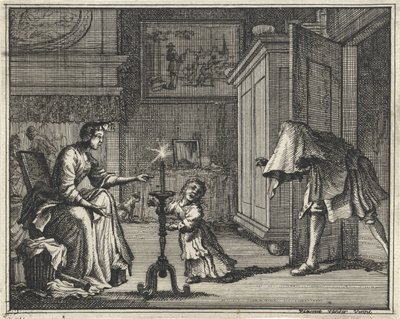 Far skræmmer et barn i et interiør af Vincent Laurensz. van der Vinne (II)