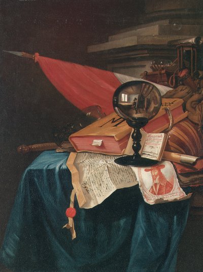 Vanitas stilleben med kunstneren ved sit staffeli reflekteret i en krystalkugle af Vincent Laurensz van der Vinne