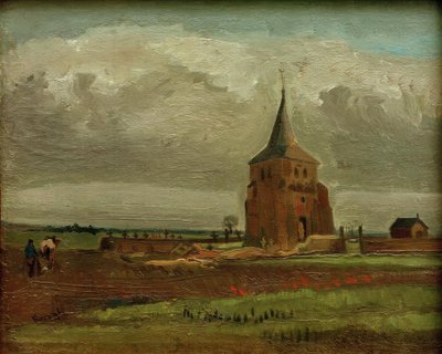 Det gamle kirkegårdstårn i Nuenen med en pløjebonde af Vincent van Gogh