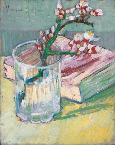 Blomstrende mandelgren i et glas med en bog, 1888 af Vincent van Gogh