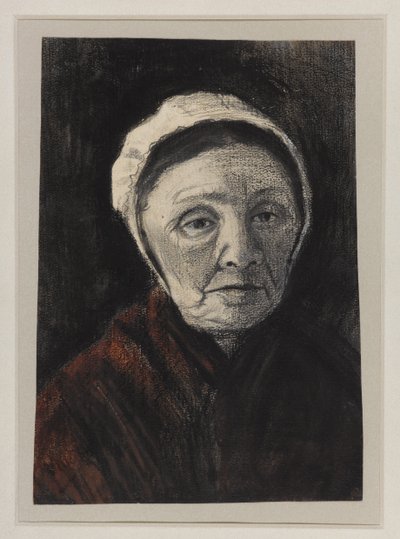 Hoved af en gammel kvinde i en Scheveninger kasket, 1882-83 (kul, sort og brunt kridt på papir) af Vincent van Gogh