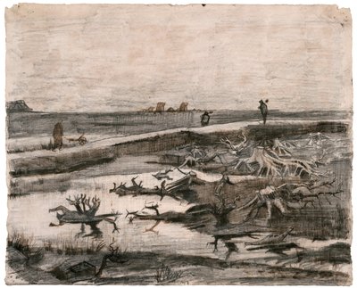Landskab med stammer i mosen (Markarbejde) af Vincent van Gogh