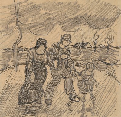 Par med barn på en gade i regnen. 1890 af Vincent van Gogh