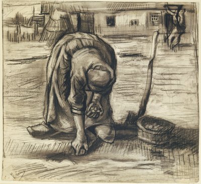 Bondekvinde, der planter kartofler, ca. 1885 (sort kridt og trækul på papir) af Vincent van Gogh