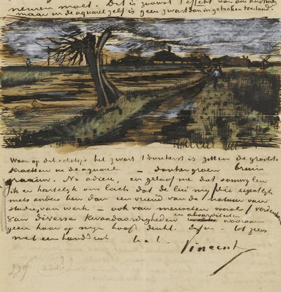Pollard Willown (saule tetard). Brev til Theo van Gogh par Gogh, Vincent, van (1853-1890). Akvarel, Gouache på papir af Vincent van Gogh