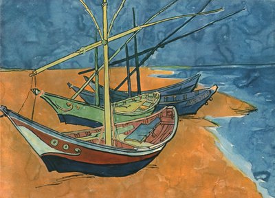 Sejlbåde på stranden ved Les Saintes-Maries, juni 1888, 1947. af Vincent van Gogh