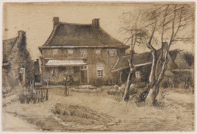 Præstegården i Neunen: Set fra bagsiden, med kunstnerstudiet til højre, ca. 1884 (grafit, pen og brun blæk, brun vask, forhøjet med hvidt på vævet papir) af Vincent van Gogh