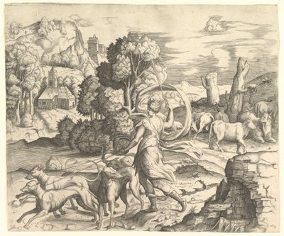 Jægerinden Diana i et landskab, ca. 1530-42. af Vincenzo Caccianemici