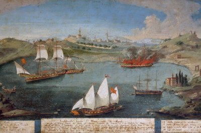 Søslag mellem venetianske skibe af Marco Ivanovich Dobrota og tyrkiske skibe, 19. april af Vincenzo Chilone