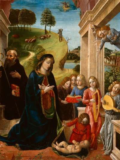 Tilbedelse af barnet med Sankt Benedikt og engle, ca. 1478 (tempera på lærred) af Vincenzo Foppa