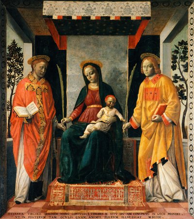 Madonna og barn mellem Sankt Faustinus og Sankt Jovita, af Vincenzo Foppa (ca 1427-ca 1515), Tempera på lærred, 205x226 cm af Vincenzo Foppa