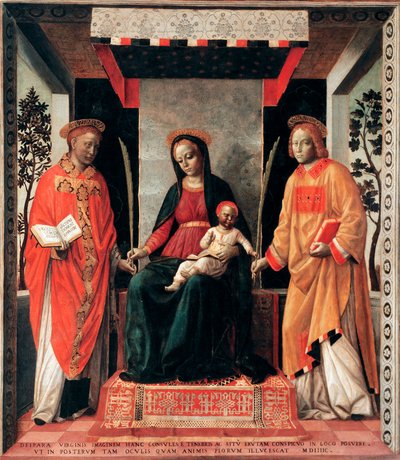 Jomfru og barn omgivet af de hellige Faustin og Giovita (Faustino og Giovitas protektion af Brescia) Maleri af Vincenzo Foppa (ca.1427-ca.1515) Brescia, Pinacoteca Tosio Martinengo Italien af Vincenzo Foppa