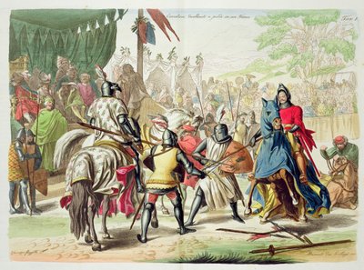 Ridderduellering til fods i en turnering, plade 1 fra The History of the Nations, indgraveret af G. Lago af Vincenzo Gazzotto