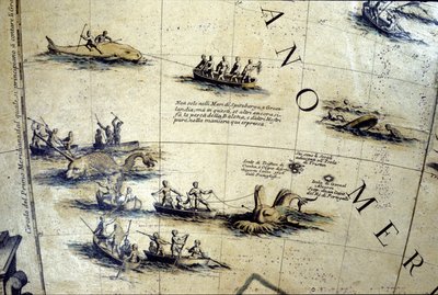 Hvalfangst i Stillehavet. Detalje af en Coronelli-klode fra det 17. århundrede. af Vincenzo Maria Coronelli