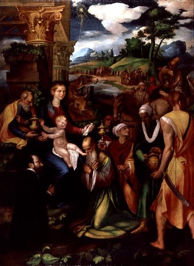 Tilbedelse af Magi med en donor (olie og tempera på panel) af Vincenzo da (d.1557) Pavia