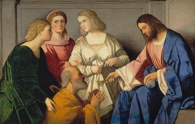 La Remise des clefs a saint Pierre - Kristus giver nøglerne til Sankt Peter - Catena, Vincenzo di Biagio (ca.1470-1531) - ca. 1520 - Olie på træ - 86x135 - Museo del Prado, Madrid af Vincenzo di Biagio Catena