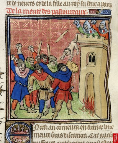 Detalje af en miniature af det tredje korstog i Pastoureaux. Jøder smider deres børn fra et tårn efter 1380 af Virgil Master
