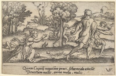 Atalanta og Hippomenes, i forgrunden Atalanta, der knæler for at samle et æble op og..., ca. 1535-62. af Virgil Solis