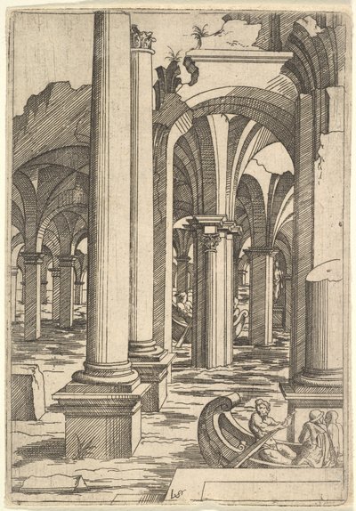 Både roede gennem oversvømmede ruiner, ca. 1550-62. af Virgil Solis